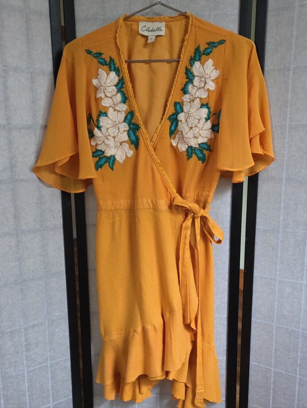 Mustard Yellow Floral Embroidered Wrap Dress